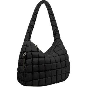 Black Nylon Large Quilted Puffer Tote Bag for Women Crossbody Shoulder Handbag